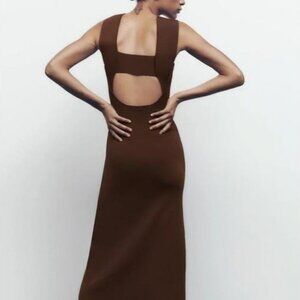 Zara Brown Stretch Knit Sleeveless Open Back Midi Dress, NWOT, S